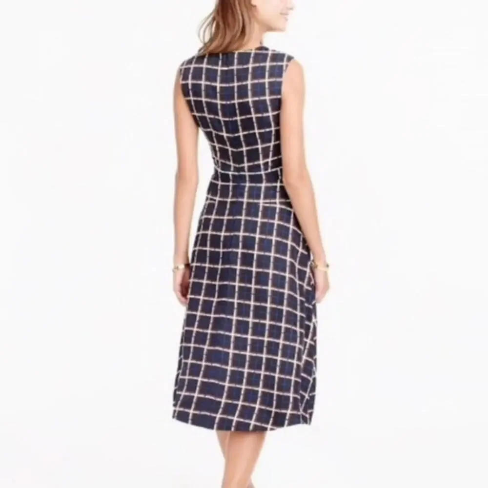 J.Crew Silk Windowpane A-Line Midi Dress Black Tan Navy Jewel Neck Classic 4 NWT
